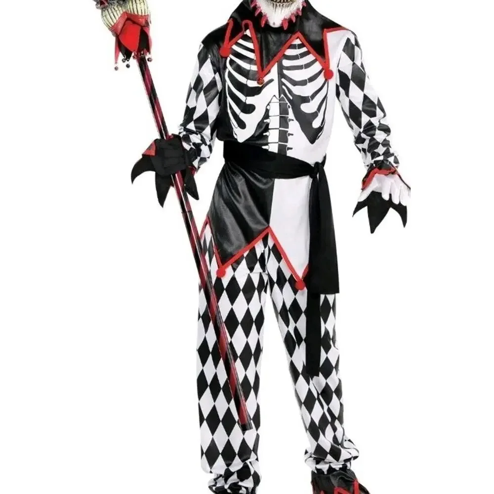 Sinister Jester Costume Girls M 8 10 Clown Pants Top Halloween Harlequin Skull